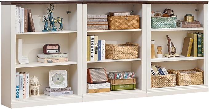 RWYHG 43" White Tall Bookshelf Set of 3,3-Tier Thick Wooden Book Shelf with Adjustable Shelves,Free Standing Farmhouse Bookcase with Open Display Storage,Floor Vintage Bookshelves for Living Room