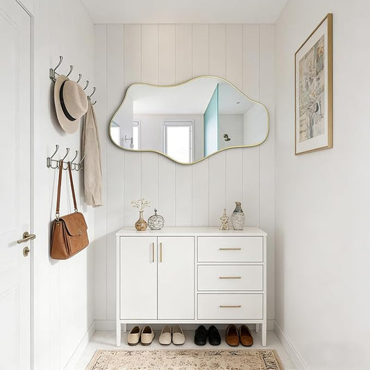 Gold Irregular Wall Mirror, 35.8"x17.7" Asymmetrical Tempered Glass Mirror Decorative, Modern Abstract Frameless Cloud Mirrors for Living Room Bathroom Bedroom Entryway, Horizontal or Vertical Hanging