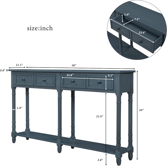 Merax Retro Console Table Sofa Table for Entryway with Drawers and Shelf Living Room Table (Antique Navy)