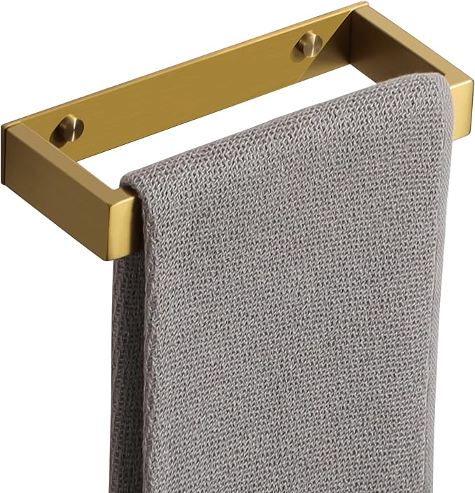 Sayayo Brushed Gold Towel Bar for Bathroom Wall, 8 Inch Hand Towel Holder, Screw or Self Adhesive Towel Ring Square SUS304 Stainless Steel, 3.2 Inch Wider Design