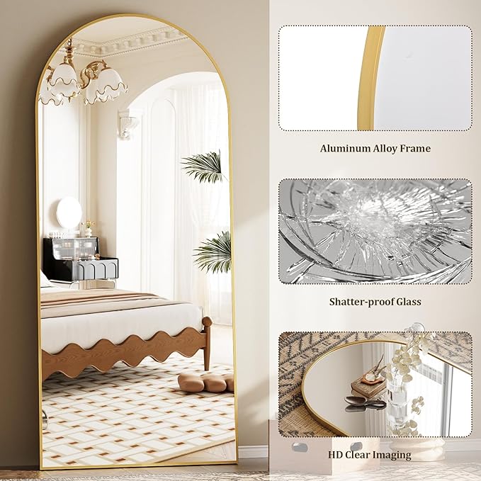 Dewfig Arched Full Length Mirror, 78"x38" Large Floor Mirror with Stand, Oversized Full Body Mirrors for Standing/Leaning/Hanging, Wall Mounted Mirrors for Bedroom, Living Room,Dressing Room, Gold