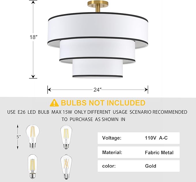 Doraimi Lighting 3 Tier Black White Linen Drum Fabric Semi Flush Mount Light Modern Farmhouse Decor 7 Light 24 Inch Retro Gold Finish for Kitchen Living Room Dining Room Corridor Hallway