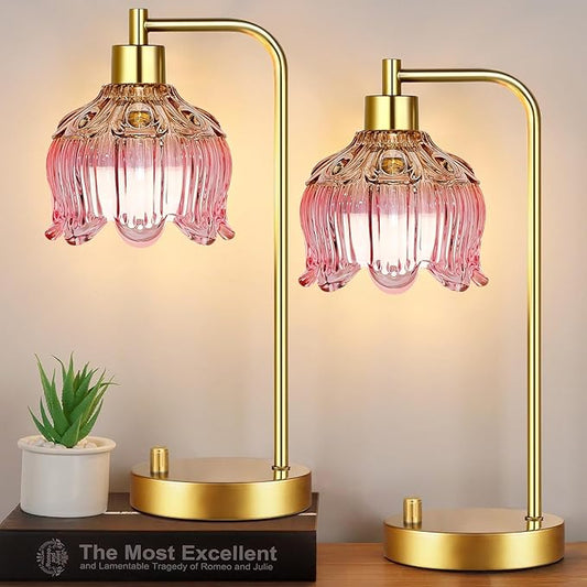 Pink Table Lamp Set of 2,Small Gold Bedside Lamps Dimmable Boho Bedroom Lamp with Tulip Flower Glass Lamp Shade,Vintage Mid Century Modern Mini Nightstand Lamp for Bedroom Living Room