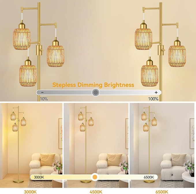 ZECOXOL Boho Floor Lamp for Living Room Bedroom-3 Light Dimmable Floor Lamp with Three Led Bulb & 3 Color Temperatures, Rustic Tall Lamp Gold Standing Lamp Tree Floor Lamps for Living Room