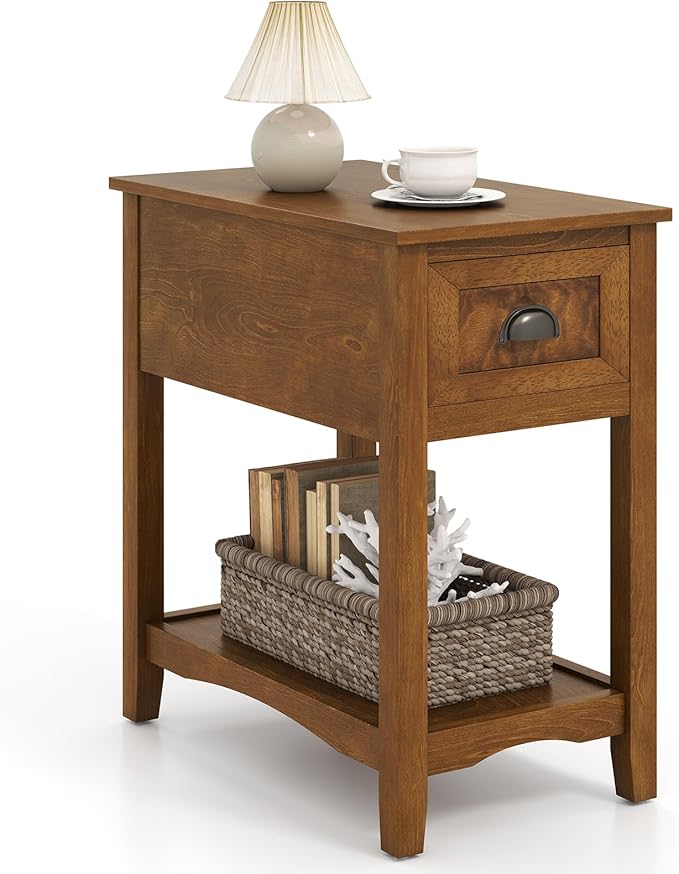 Giantex End Table with Drawer, Retro Narrow Side Table, Nightstand with Solid Wood & Storage Shelf, Bedside Table for Living Room Bedroom Small Space Home Office (1, Tawny)