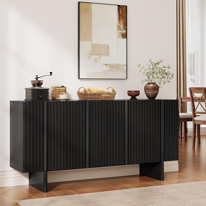 ONBRILL 63" Fluted Sideboard Buffet Cabinet with Storage, Large Sideboard Cabinet with Adjustable Shelves, Modern Credenza with 4 Doors, Kitchen Cabinets for Living Room, Entryway (Black)