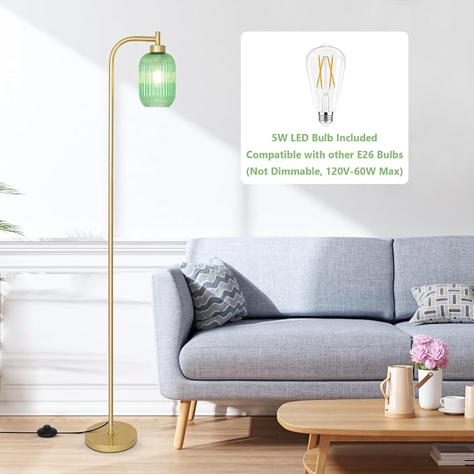 Glass Floor Lamp for Living Room, Modern Gold Standing Lamp with LED Bulb, Green Stripe Glass Shade, Foot Switch, Vintage Brass Tall Lamp, Minimalist Corner Pole Lamp for Bedroom Office