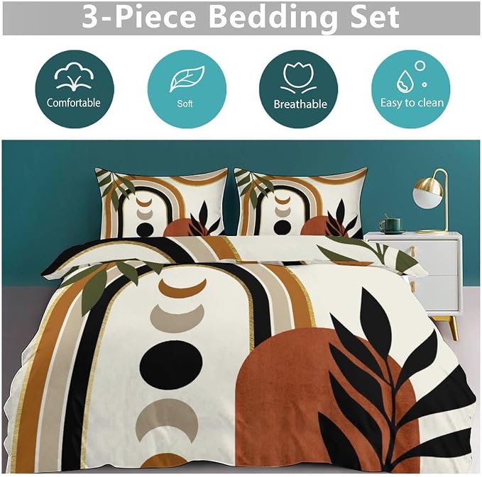 Bohemian Leaf Comforter Set,Mid Century Abstract Tropical Plant Minimalist Modern Geometric Palm Leaf Simple Bedding Duvet Cover Sets with Pillowcase for Bedroom Bed Decor,King 102"x90"