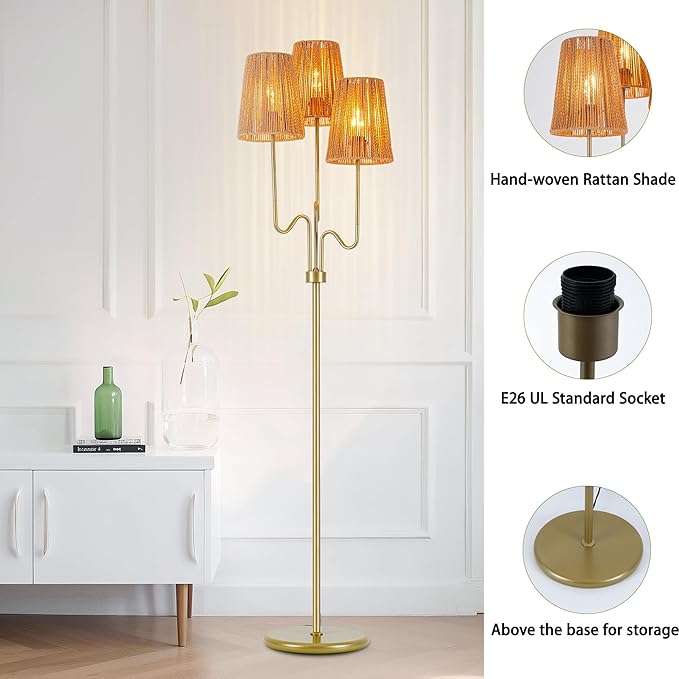 MAYNA 68" Boho Rattan Floor Lamp, 3-Light Gold Tree Floor Lamp with Hand-Woven Wicker Shades, Tall Standing Lamp with Foot Switch for Living Room, Bedroom, Nursery, Rustic Coastal Decor