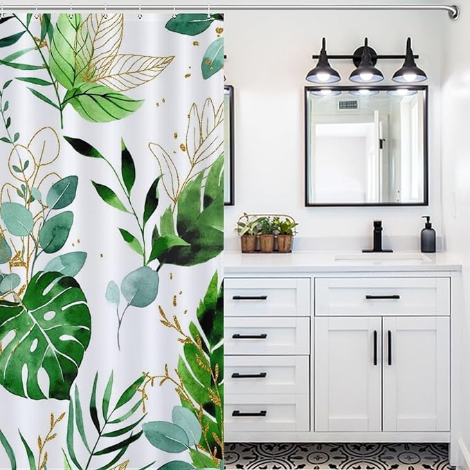 Green Leaf Shower Curtains,Abstract Boho Tropical Palms Gold Leaf Minimalist Bathroom Curtain Waterproof Fabric Machine Washable with Hooks,72x78Inch (183x183cm)