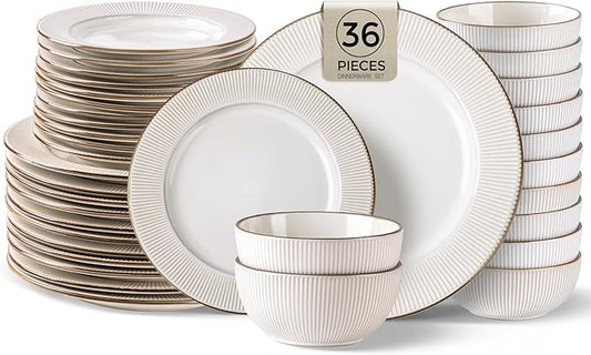 GBHOME Ceramic Dinnerware Sets, 32 pcs Embossed Elegant Stoneware Plates and Bowls Sets, Housewarming Wedding Gift | Dishwasher & Microwave Safe | Dishes Set Service for 12