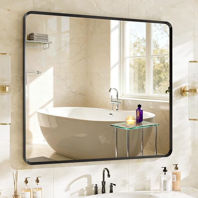 40x36 inch Black Rectangle Bathroom Mirror, Metal Aluminum Frame, HD Tempered Glass, Horizontal/Vertical Hanging, Modern Over Sink Mirror