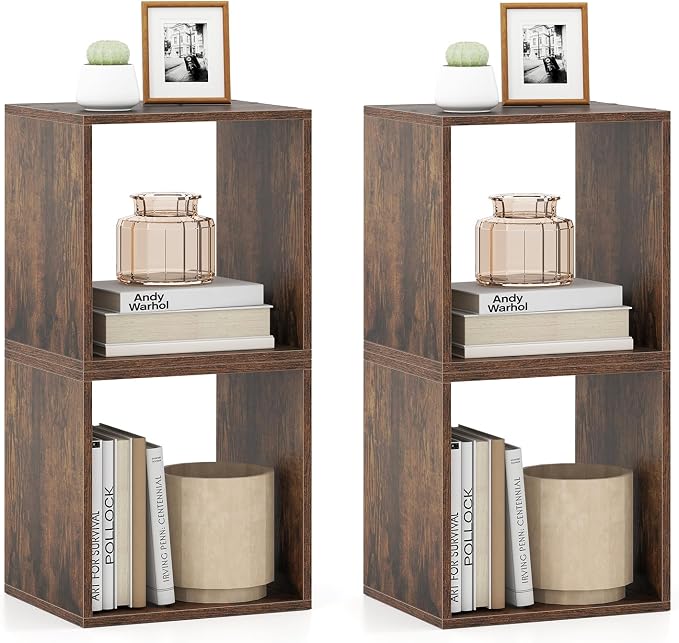 LOKO Stackable 2 Cube Storage Organizer, Cubby Storage Bookcase with Anti-toppling Device, 2-Tier Bookshelf, Combinable Record Player Stand for Living Room, Bedroom, Study (2, Rustic Brown)
