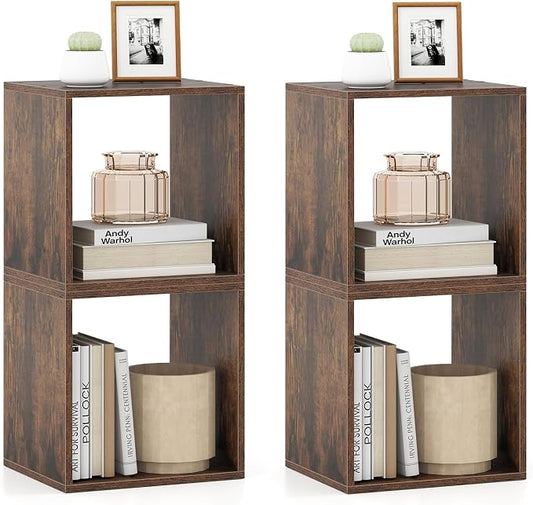 LOKO Stackable 2 Cube Storage Organizer, Cubby Storage Bookcase with Anti-toppling Device, 2-Tier Bookshelf, Combinable Record Player Stand for Living Room, Bedroom, Study (2, Rustic Brown)