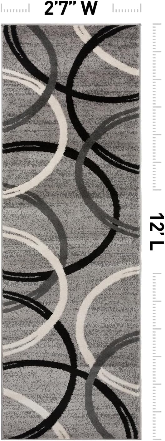 Rugshop Wavy Circles Design Runner Rug, Non-Shedding Carpet for Hallway, Kitchen, or Entryway, Gray, 2'7" x 12'