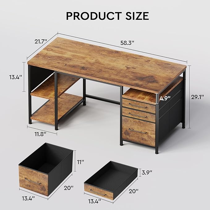 Ｍａｉｈａｉｌ Maihail Home Office Desk with Drawers Adjustable Shelves, 59 inch Writing Desk with File Cabinet, Large Computer Desk with Storage, Vintage, Brown2