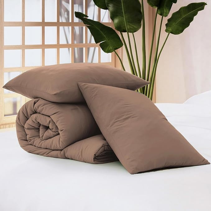 WRENSONGE King Size Comforter Set - 3 Pieces Brown Comforter Prewashed Soft Lightweight for All Seasons,Fluffy Down Alternative Comforter King Size with 2 Pillow Shams