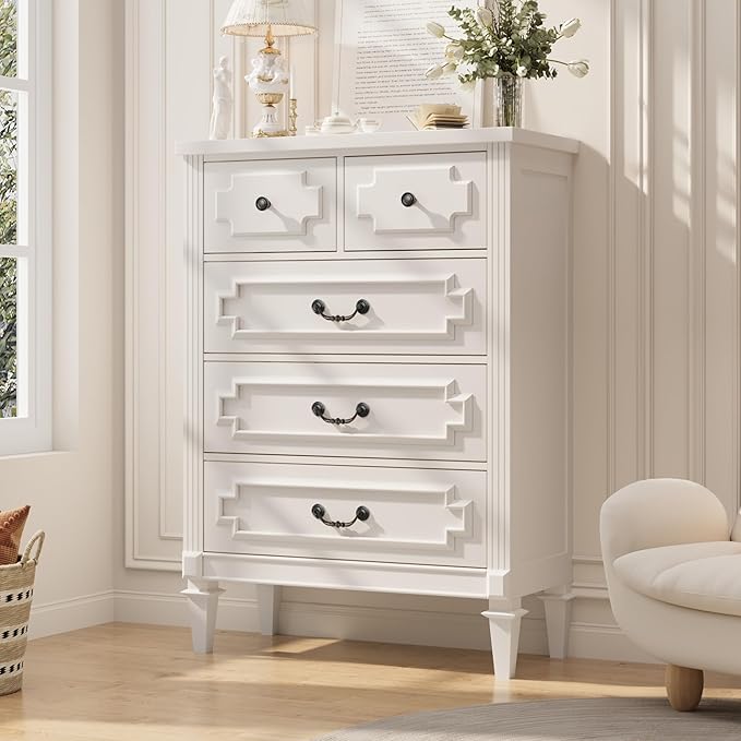 5 Drawer Dresser for Bedroom, 44" Tall Dresser & Chest of Drawers wtih Vintage Surface, Closet Storage Cabinet for Living Room, Hallway, White