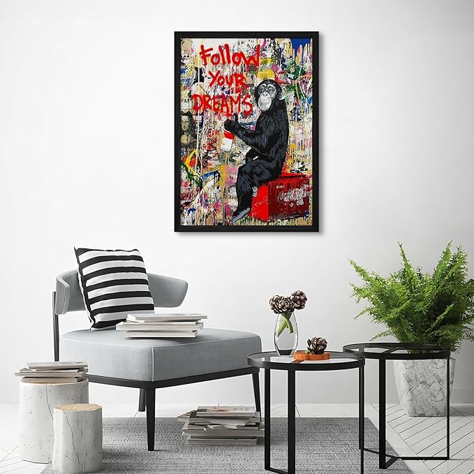 Banksy Canvas Wall Art Monkey Follow Your Dreams Street Graffiti Wall Art Banksy Prints Gorilla Poster Monkey Artwork Graffiti Pictures Painting for Home Living Room Decor 16x24 Inch Black Framed
