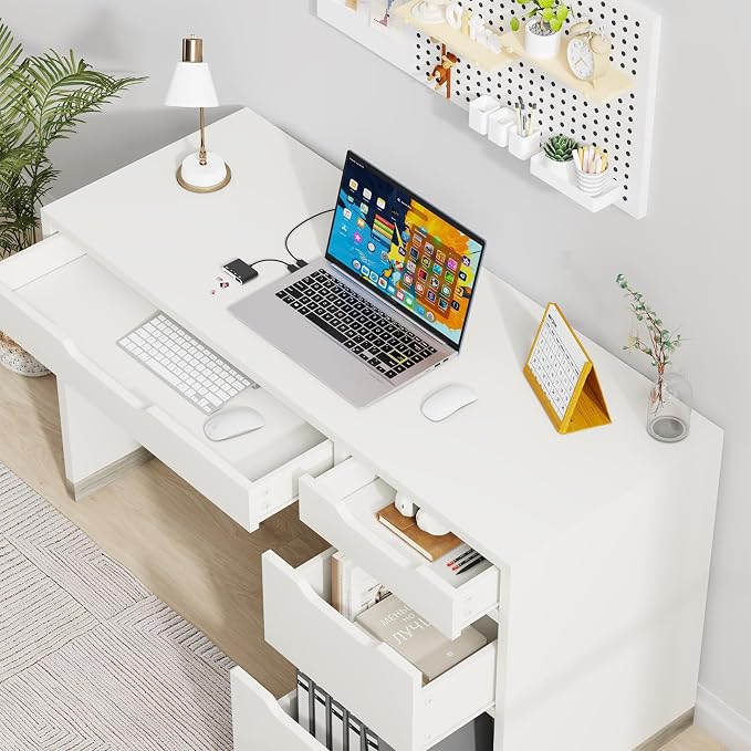MaverickFurni 52 Inch White Desk with 4 Drawers, Computer Desk with Storage for Small Spaces with Storage File Drawer, Small Home Office Desk with Drawers for Bedroom