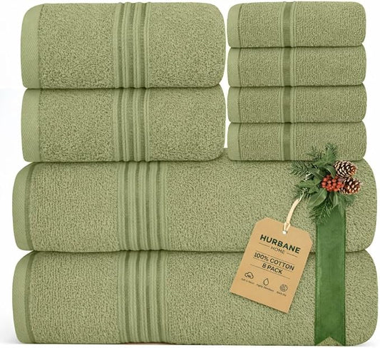 8 Piece Bath Towels for Bathroom - 100% Cotton, Soft Absorbent Bathroom Towels Set - 2 Extra Large Bath Towels, 2 Hand Towels & 4 Washcloths - Hotel Spa Thick Plush Towel, Sage Green