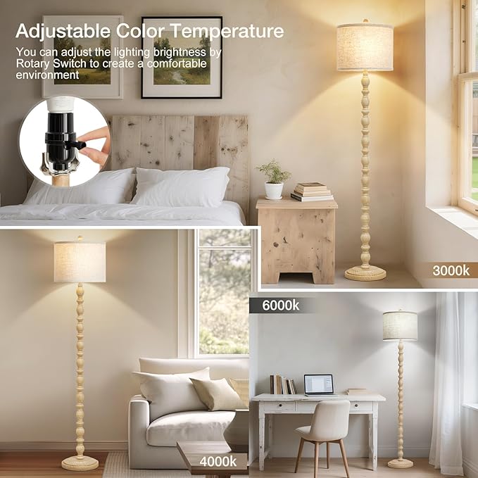 Luvkczc 62" Floor Lamps for Living Room, Adjustable Color Temperature Standing Lamp, Vintage Farmhouse Floor Lamp with Rotary Switch, Rustic Resin Tall Lamps for Living Room, Bedroom, Office, Corner