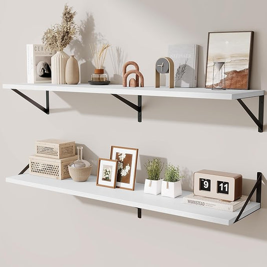 48inch Floating Shelves for Wall,10" Deep Floating Shelves with Metal Brackets,Wall Mounted Hanging Floating Shelf,Wide Display Shelves for Living Room,Bedroom,Office,Kitchen,White