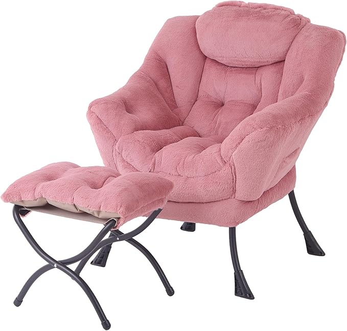 Tiita Lazy Chair with Ottoman, Pink Modern Large Accent Armchair, Comfy Leisure Sofa Reading Chair with Footrest for Bedroom, Living Room, Dorm Rooms, Garden, Plush Dark Pink
