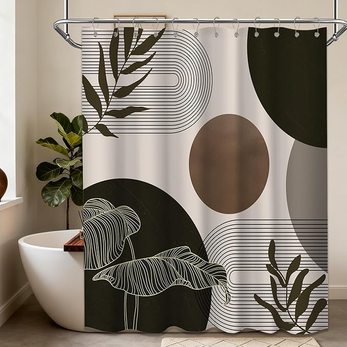 Brown and Beige Shower Curtain Light Brown Tan Taupe Boho Mid Century Modern Shower Curtains for Bathroom Decor MCM Mens Cool Bath Curtain Set, Waterproof Fabric with Hooks 70 x 96 Inch