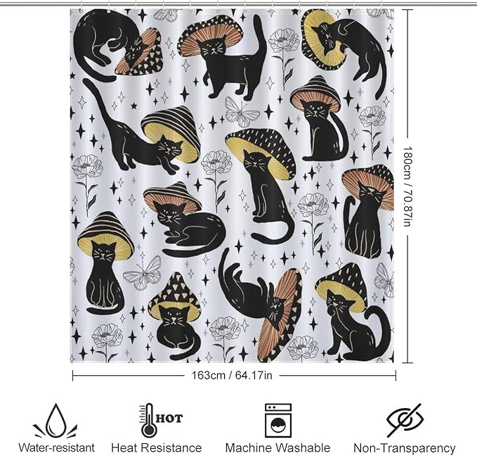 Cat Shower Curtain,Retro Funny Mushroom Star Floral Gothic Print Bathroom Curtain Polyester Waterproof Fabric Decor 66x72in（168x183cm）