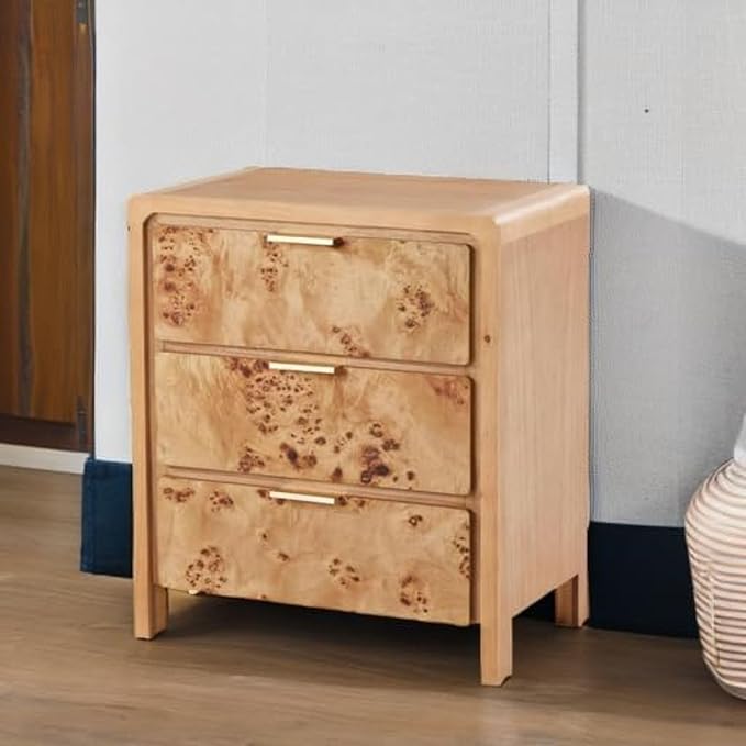 COZAYH Burl Finish 3 Drawer Nightstand, Wood Rustic Farmhouse Dresser, Vintage Accent Storage Bedside Table for Bedroom Entryway, Fully Assembled, Natural
