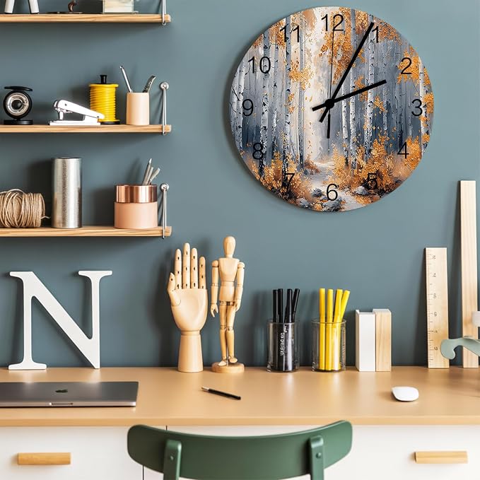 Yellow Forest Painting Art Style Wall Clock Battery Operated Non-Ticking 10" Round Wood Clocks, Kitchen Wall Clock for School Bathroom Living Room Home Office Wall Decor