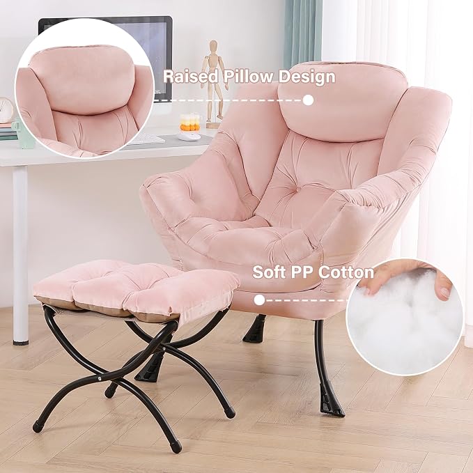 Tiita Lazy Chair with Ottoman, Pink Modern Large Accent Chair, Comfy Leisure Sofa Armchair with Ottoman, Reading Chair with Footrest for Bedroom, Living Room, Dorm Rooms, Velvet Pink