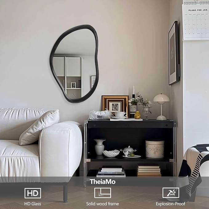 35"x24" Wood Bathroom Mirror Wall Mounted, Black Irregular Wall Mirror, Rustic Farmhouse Vanity Mirror for Bedroom Living Room Bathroom Entryway, Horizontal/Vertical