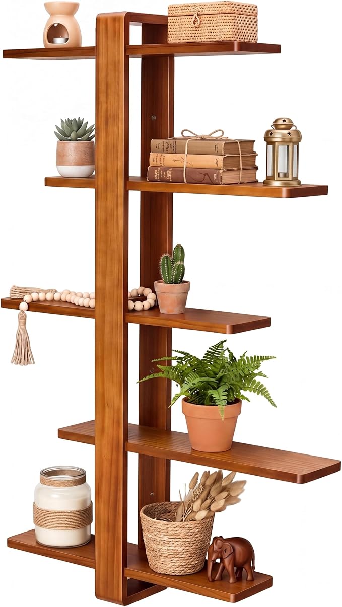 Pinkunn Floating Shelves for Wall, 5 Tier Wall Mounted Shelf Unit with 19.7 Inch Pine Wood Shelves and Walnut Frame, Decorative Plant Photo Book Display Shelf for Living Room Bedroom Bathroom