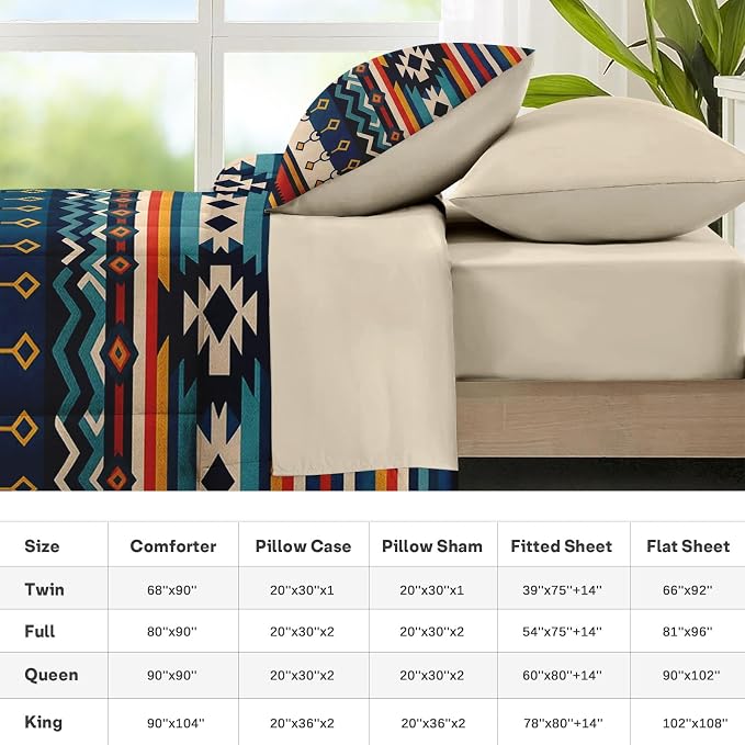 Nesker Comforter Set Queen Size, Southwest Aztec Geometric 7 Pcs Bedding for Kids and Adults, Bohemian Vintage Bed Sheet Sets with Fitted Sheet 2 Pillowcases & 2 Shams