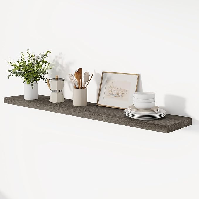 Vivelove Elm Wood Floating Shelves, Wooden Shelves for Wall with Invisible Bracket for Living Room Bedroom Bathroom Office Book, Rustic Farmhouse Display Shelf, 48 Inch Set of 1- Grey