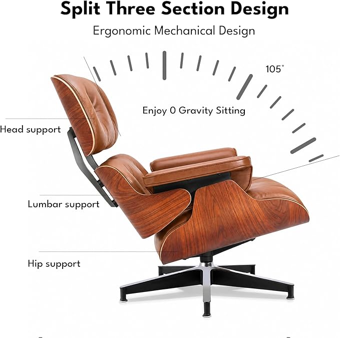 Top Grain Leather, Mid Century Chaise Lounge Chair and Ottoman, Modern Chair Classic Design, Heavy Duty Base Support for Living Room Study Lounge Office, Palisander-Brown