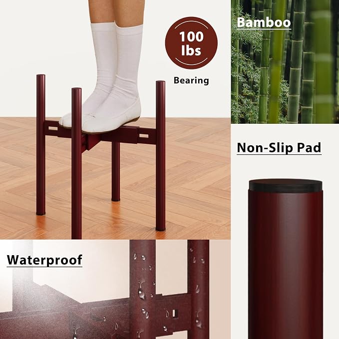 GENTINGBRO Adjustable Plant Stand Indoor, Bamboo Plant Holder 8 to 12 Inches, 3 Pack Single Floor Plant Stand for Living Room Balcony Bedroom, Reddish Brown
