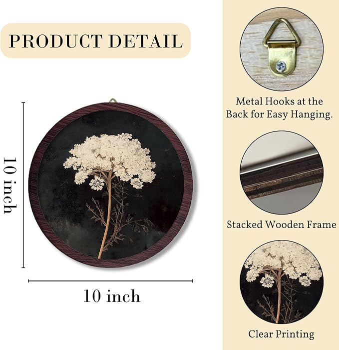 TFKFJLF Vintage White Flowers Wall Hanging Prints Frame, Dark Rustic Round Wooden Prints, Cottagecore Botanical Flower Wooden Walls for Home Bedroom Living Room Decor, 10x10 Inch