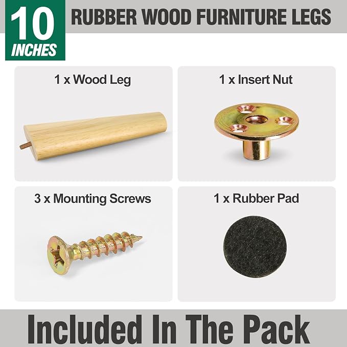 FoDau770 Rubber Wood Furniture Legs 10 Inches, 5/16" UNC Slant Tapered Wood Feet Mid Century Sofa Legs, Wooden Furniture Feet Replacement Parts for Cabinet Couch Dresser Chair Ottoman Table