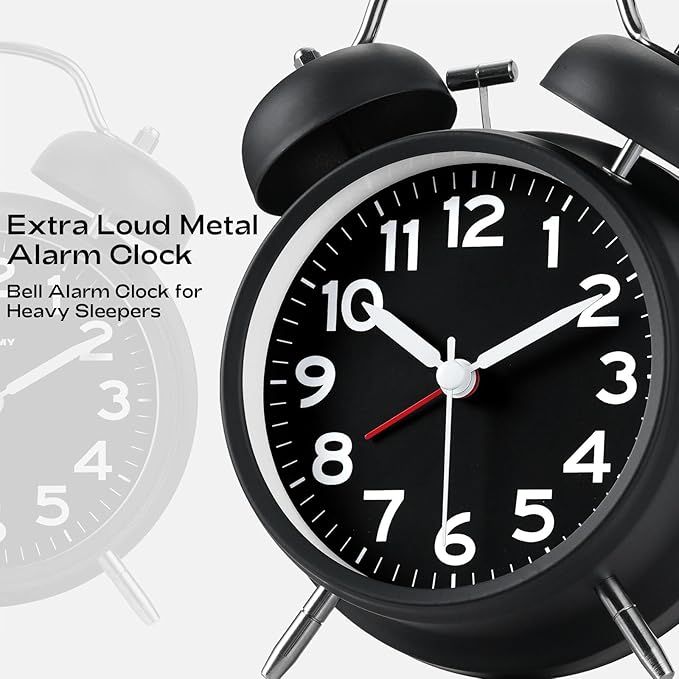 AKCISOT Loud Alarm Clock for Heavy Deep Sleepers, 4.5 Inches Analog Metal Twin Bell Clocks Battery Operated with Backlight for Bedroom Bseide, Old Fashioned for Desk Home Decoration (Black)
