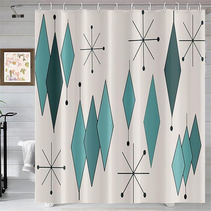 Mid Century Turquoise Shower Curtain Abstract Teal Diamond Geometric Atomic Starburst Pattern Beige Backdrop for 1950s Retro Bathroom Decor Shower Curtain Set with 12 Hooks, 72x78 Inches