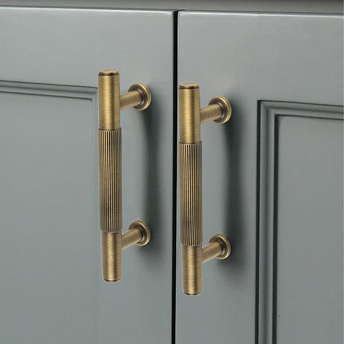 5 Pack Antique Brass Kitchen Cabinet Pulls, 3 Inch Solid Brass Dresser Drawer Handles, Furniture Hardware Door Pulls for Cupborard Wardrobe Closet Vanity