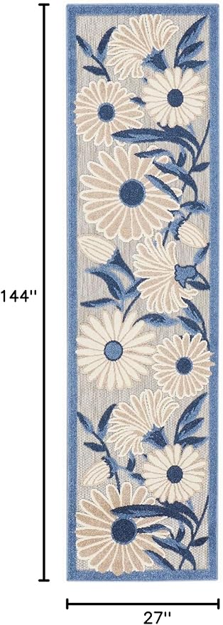 Nourison Home Aloha Blue Grey 2'3" x 12' Area Rug - Easy Clean, Non Shedding, Bed Room, Living Room, Dining Room, Kitchen (12' Runner)