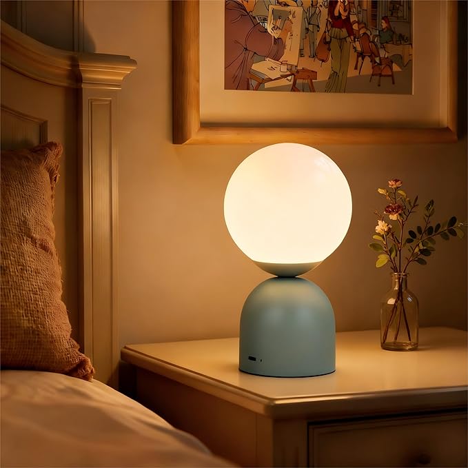 Cordless Globe Glass Table lamp (Light Green), 5200-mAh Rechargeable, 3-Level Brightness Dimmable, Integrated LED 320 Lumen Max, for Bedside Nightstand Light