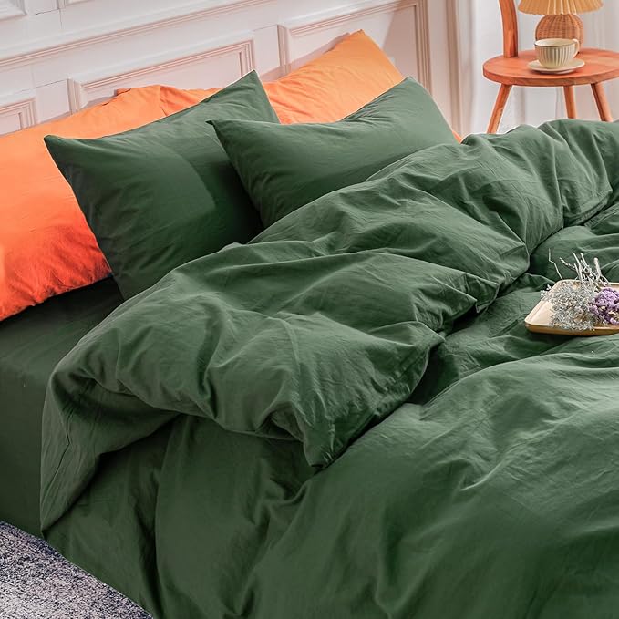 NEXHOME PRO Duvet Cover Set California King Linen Look Textured Organic Natural 100% Washed Cotton Duvet Cover 3 Pieces Bedding Set with Zipper Closure, Breathable, Forest Green (No Comforter)