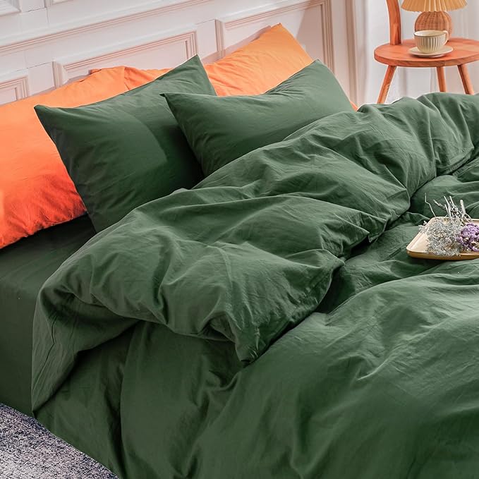NEXHOME PRO Duvet Cover Set 100% Washed Cotton Full Size Linen Feel Textured Organic Natural 3 Pieces Bedding Set with Zipper Closure and Corner Ties, Breathable, Soft (Forest Green, No Comforter)