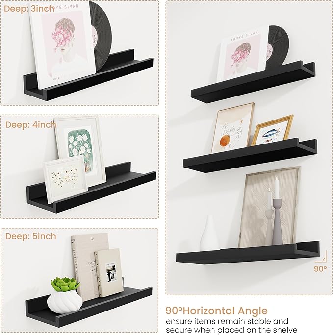 Floating Shelves Set of 6, 16 Inch Picture Ledge Shelf with Lip for Wall, Wall Mounted Display Shelf for Living Room, Bedroom, Nursery, Bathroom, Kitchen, Black