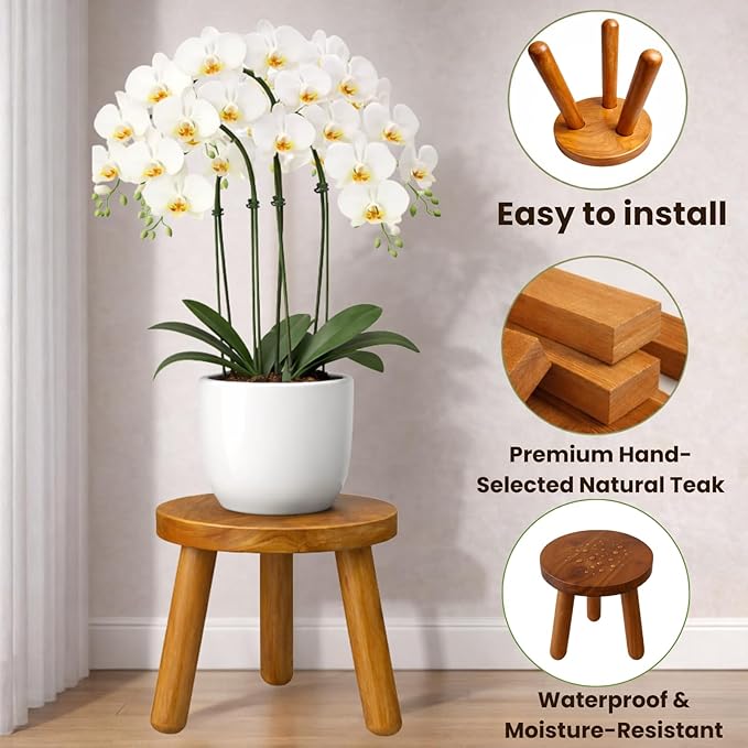 Plant Stool Indoor, Teak Stool for Plants, Bathroom Side Table, Mid-Century Style(12" Tall)